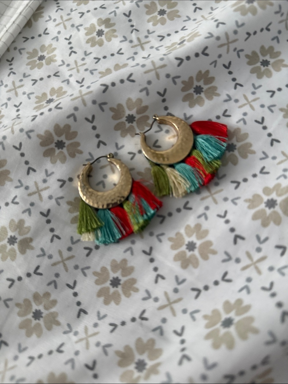 Colorful Tassel Hoop Earrings with Hammered Gold Detail